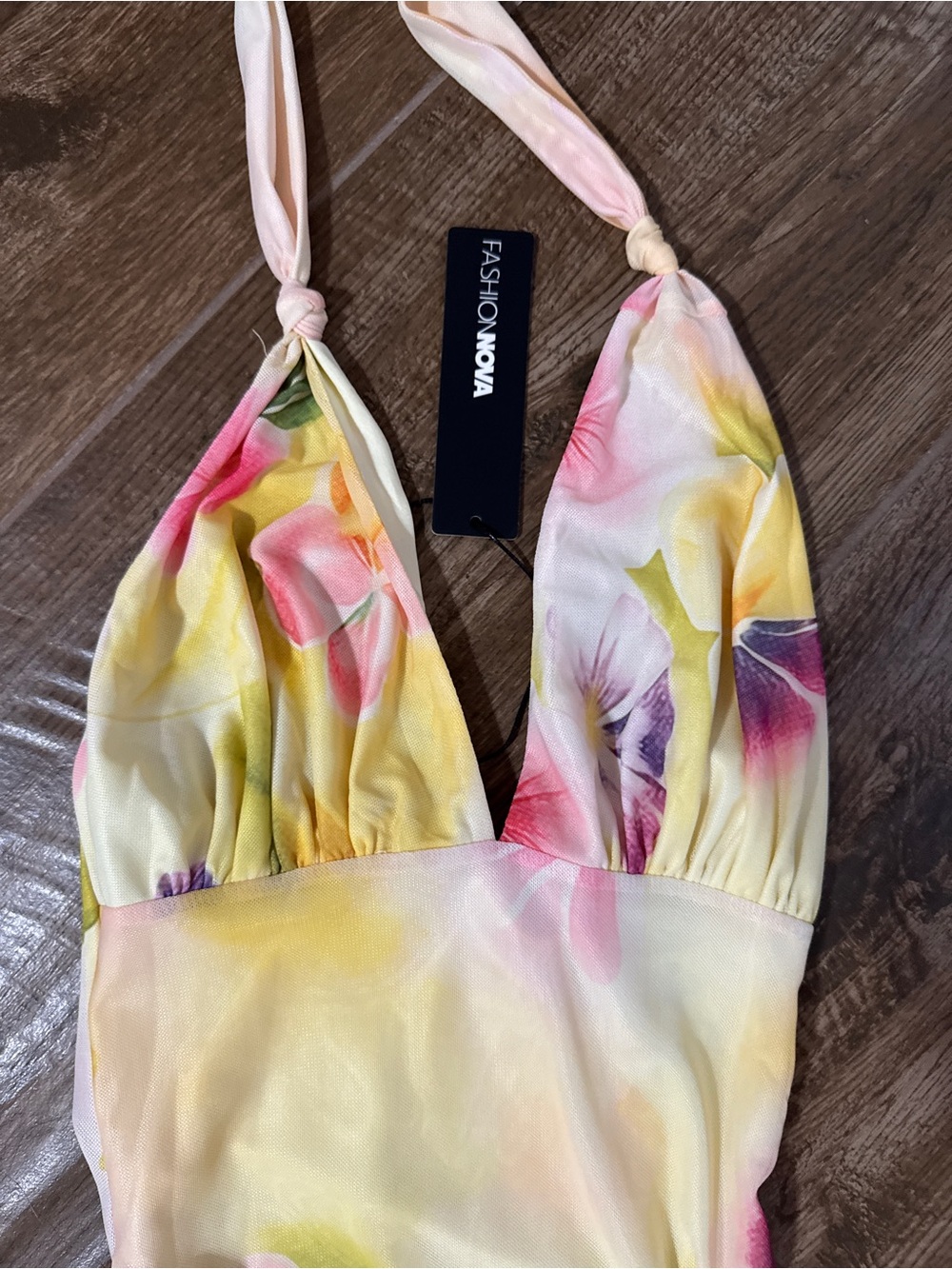 Fashion Nova Yellow Floral Halter Dress with Pink & Purple Accents